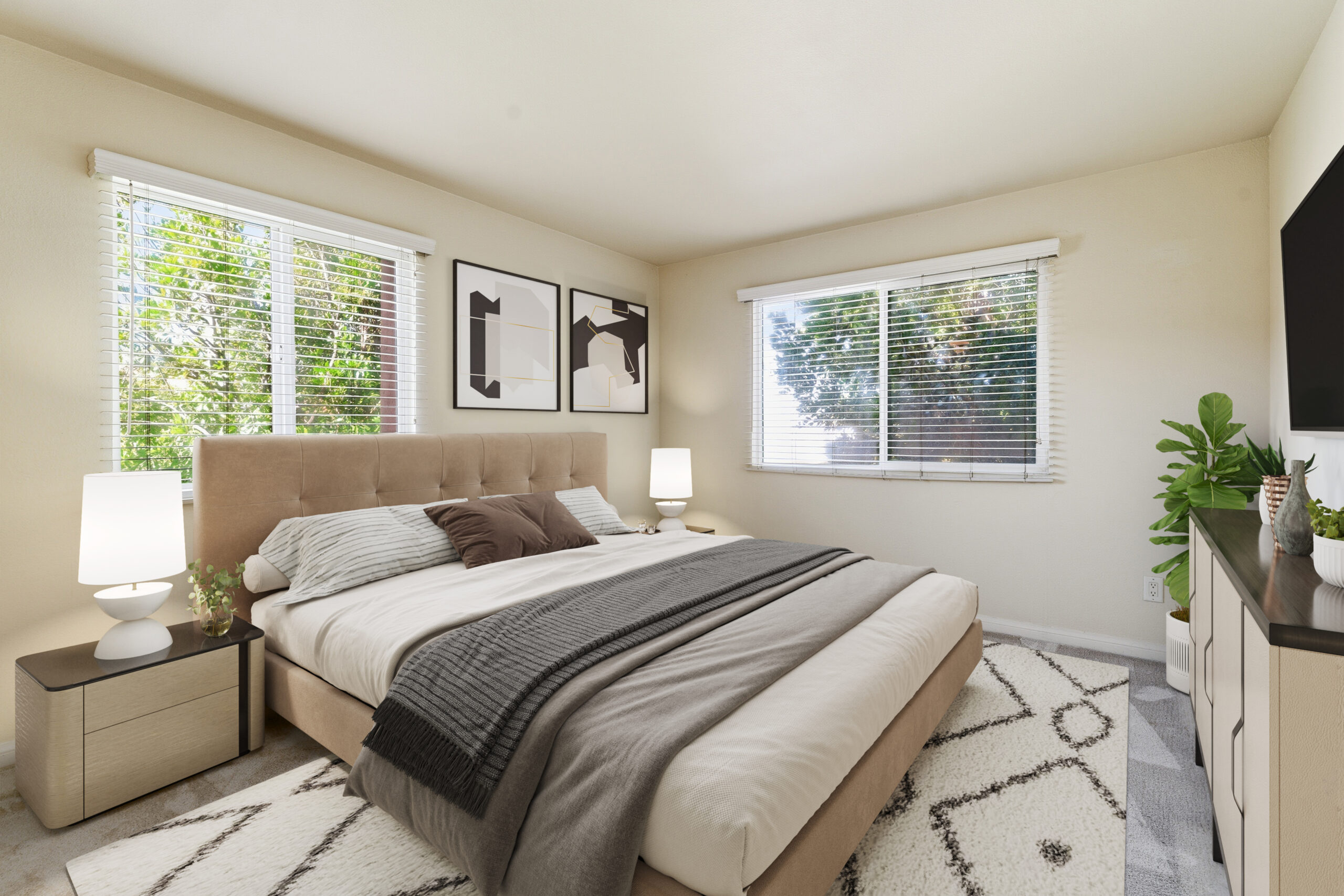 Master bedroom with large windows in San Diego property